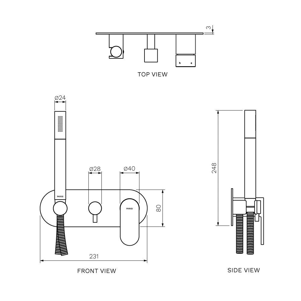 Parisi Elli II Wall Mixer with 3-Way Diverter and Handshower - Fucile